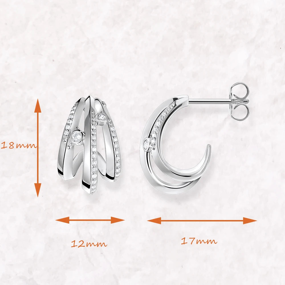 Hinged Hoop Earrings Creole Wave With White Stones In Solid 925 Sterling Silver Trendy Gift Fine Jewerly For Women