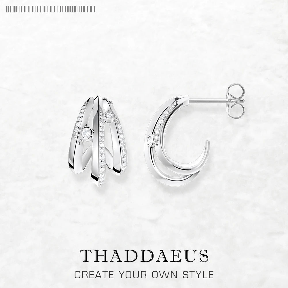 Hinged Hoop Earrings Creole Wave With White Stones In Solid 925 Sterling Silver Trendy Gift Fine Jewerly For Women