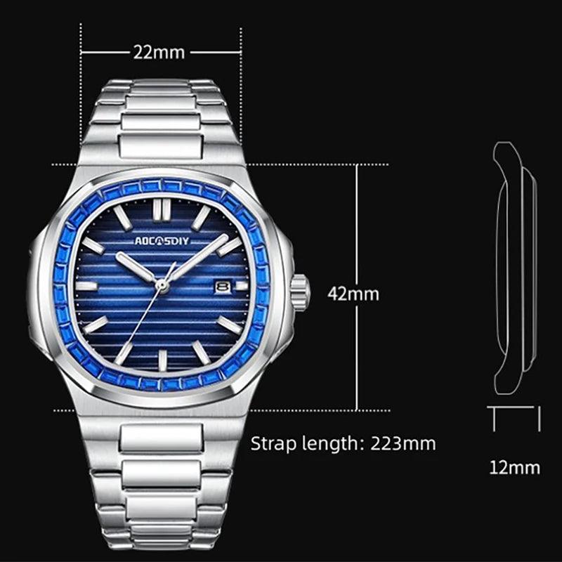 2023 New AOCASDIY Luxury Watch Business Waterproof Male Clock Luminous Date Stainless Steel Square Quartz Men Watch reloj hombre - RUBASO