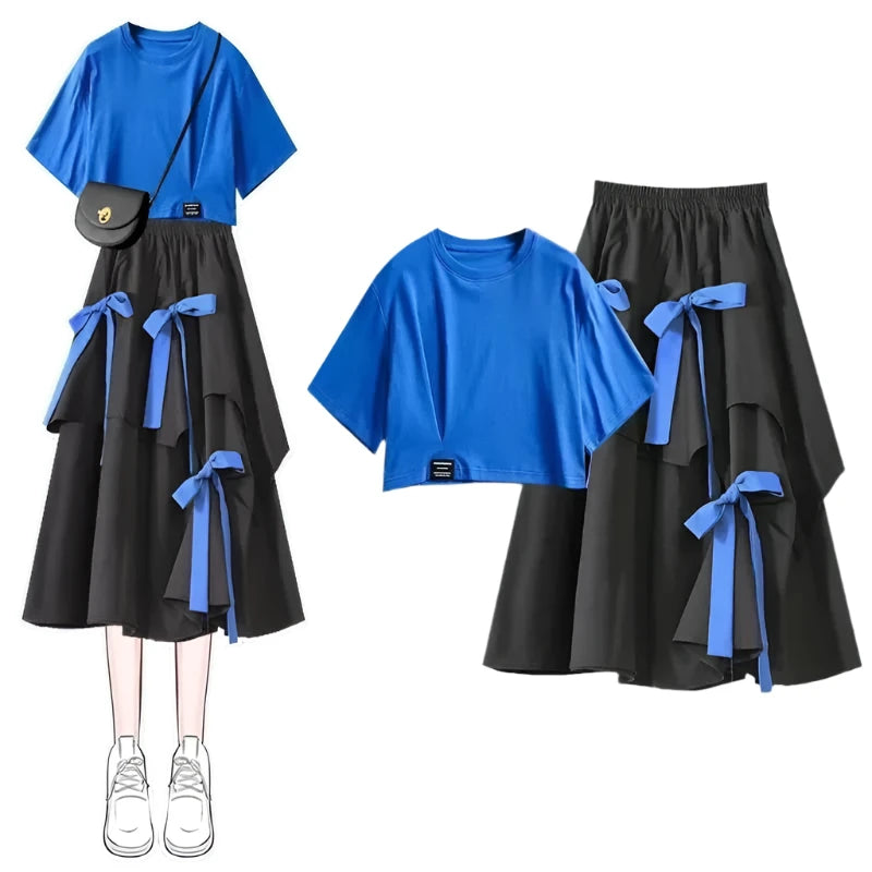 RUBASO-ELEGANT-DRESS-BLUE-SKIRT-T-SHIRT