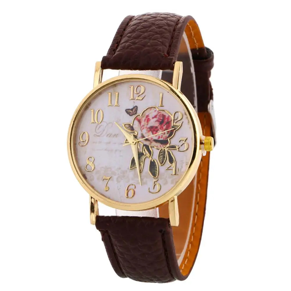 Montre Femme: Rose Flower Round Dial Watch (Quartz)