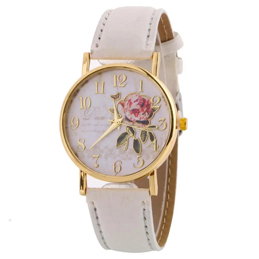 Montre Femme: Rose Flower Round Dial Watch (Quartz)