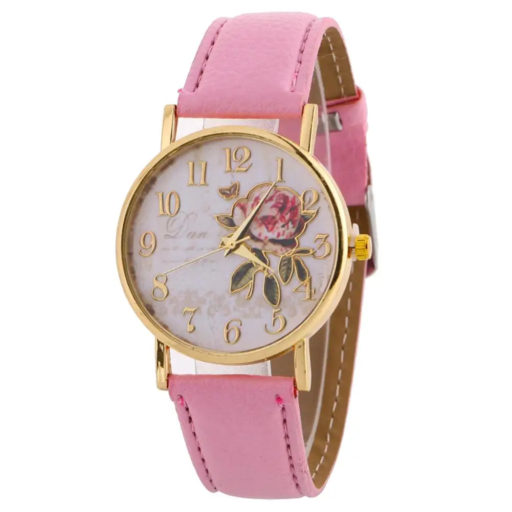 Montre Femme: Rose Flower Round Dial Watch (Quartz)