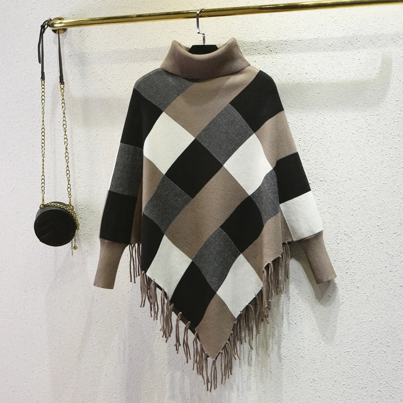 Turtleneck Casual Bat-Sleeved Geometric Pullover with Tassels