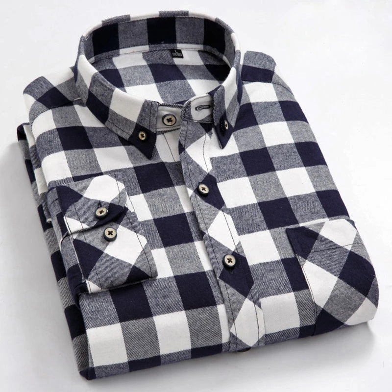 Men's Casual Standard-fit Long Sleeve Brushed Flannel Shirt Single Patch Pocket Button Down Plaid Checkered Thick Cotton Shirts