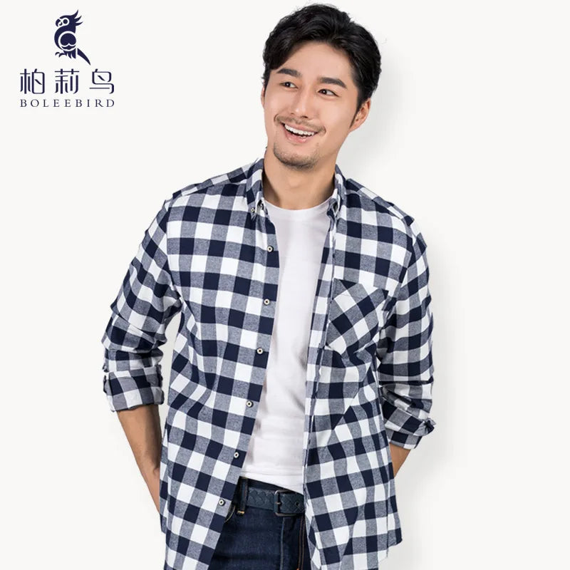 Men's Casual Standard-fit Long Sleeve Brushed Flannel Shirt Single Patch Pocket Button Down Plaid Checkered Thick Cotton Shirts