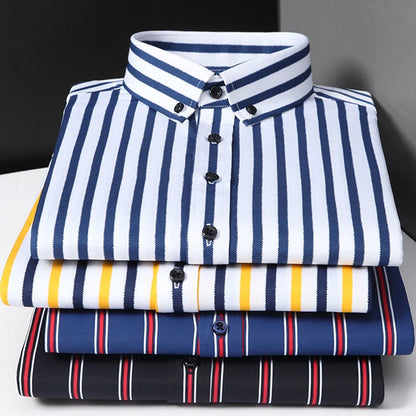 Men's Casual Striped Button-Down Long Sleeve Shirt, Slightly Stretchy Non-iron Shirt, All-Season Comfort for Office Business