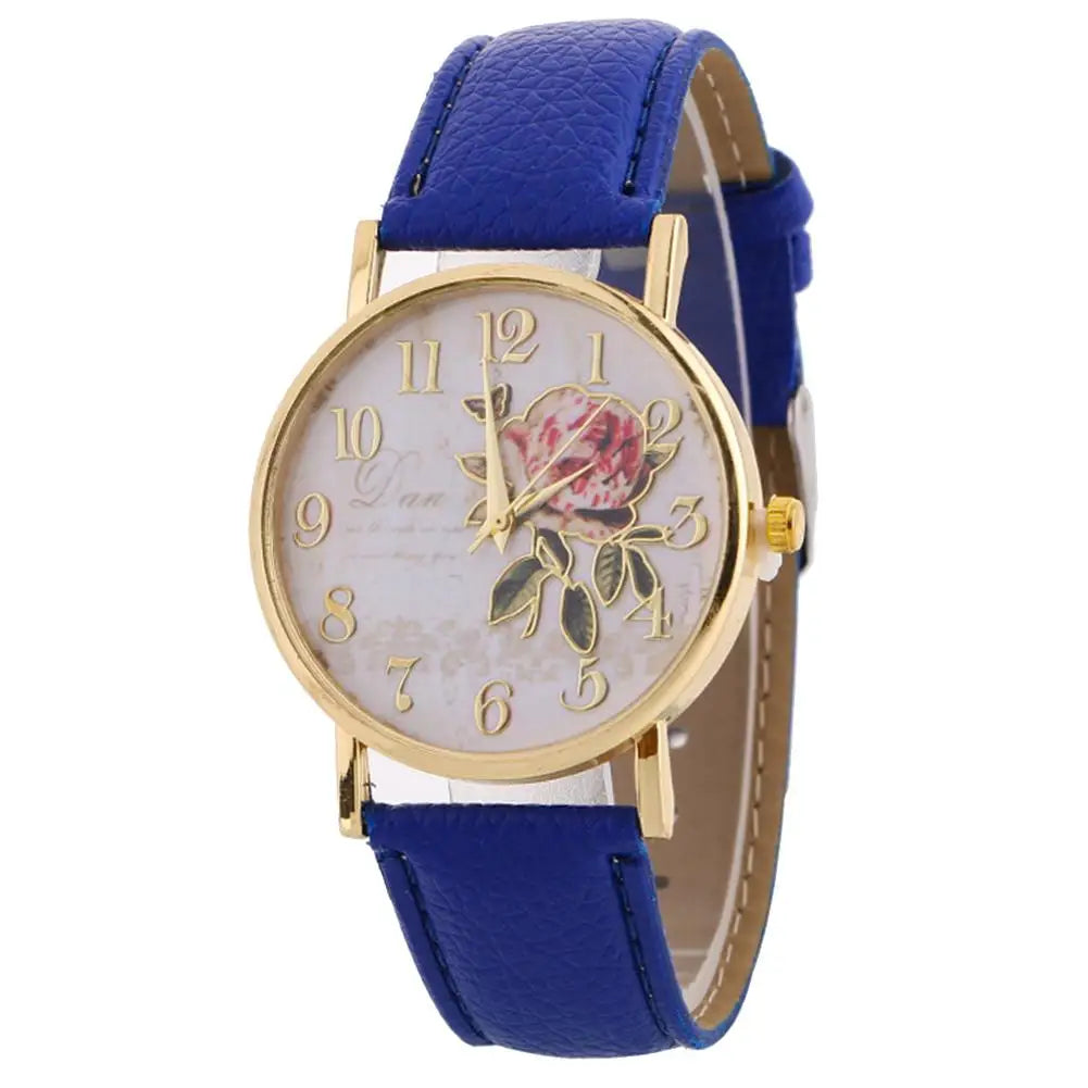 Montre Femme: Rose Flower Round Dial Watch (Quartz)