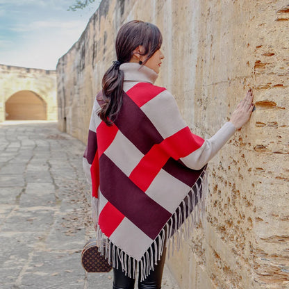 Turtleneck Casual Bat-Sleeved Geometric Pullover with Tassels