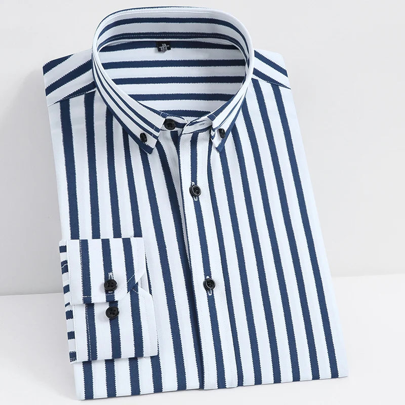 Men's Casual Striped Button-Down Long Sleeve Shirt, Slightly Stretchy Non-iron Shirt, All-Season Comfort for Office Business