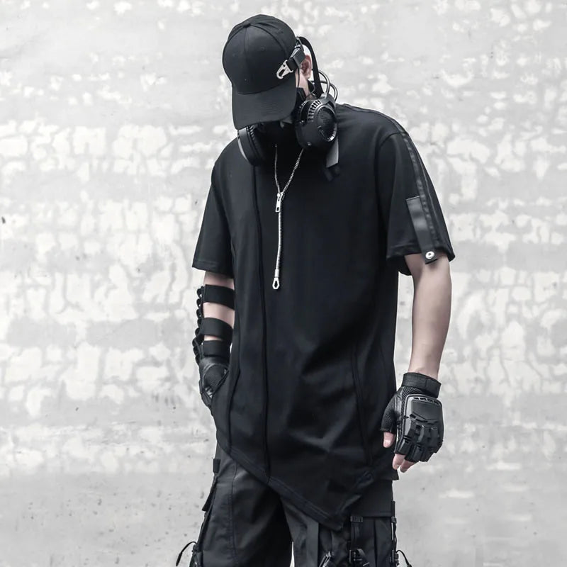 Dark Punk Style Tactical T-Shirt – High Street Irregular Hem Design