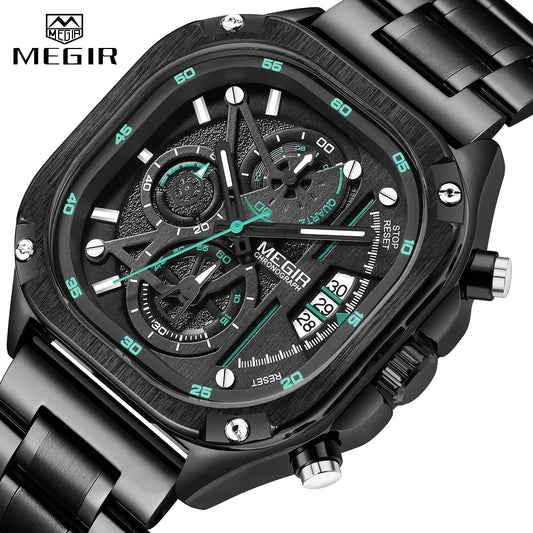 MEGIR Square Dial Chronograph Quartz Watches for Men Fashion Sports Male Wristwatch Stainless Steel Strap with Luminous Hands