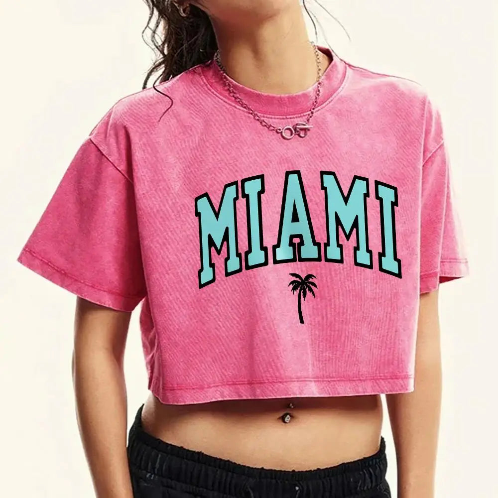 Cotton Crop Tees Street Distressed O-Neck Washed T-Shirts Miami Florida U.S.A Printed