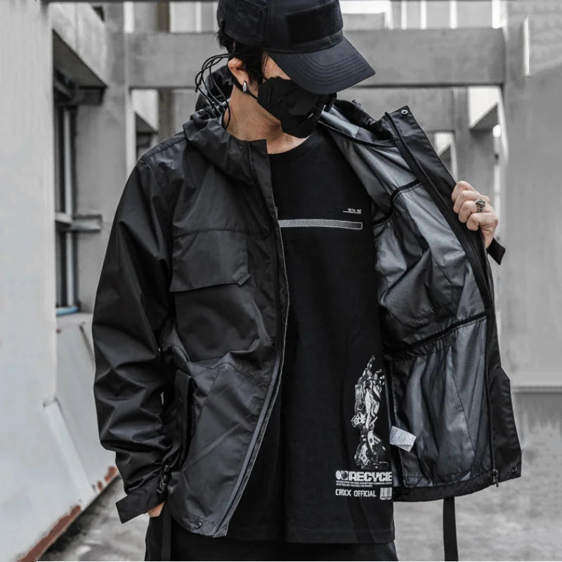 Punk Style Tactical Hooded Jacket – Multi-Pocket Reflective Patchwork Techwear