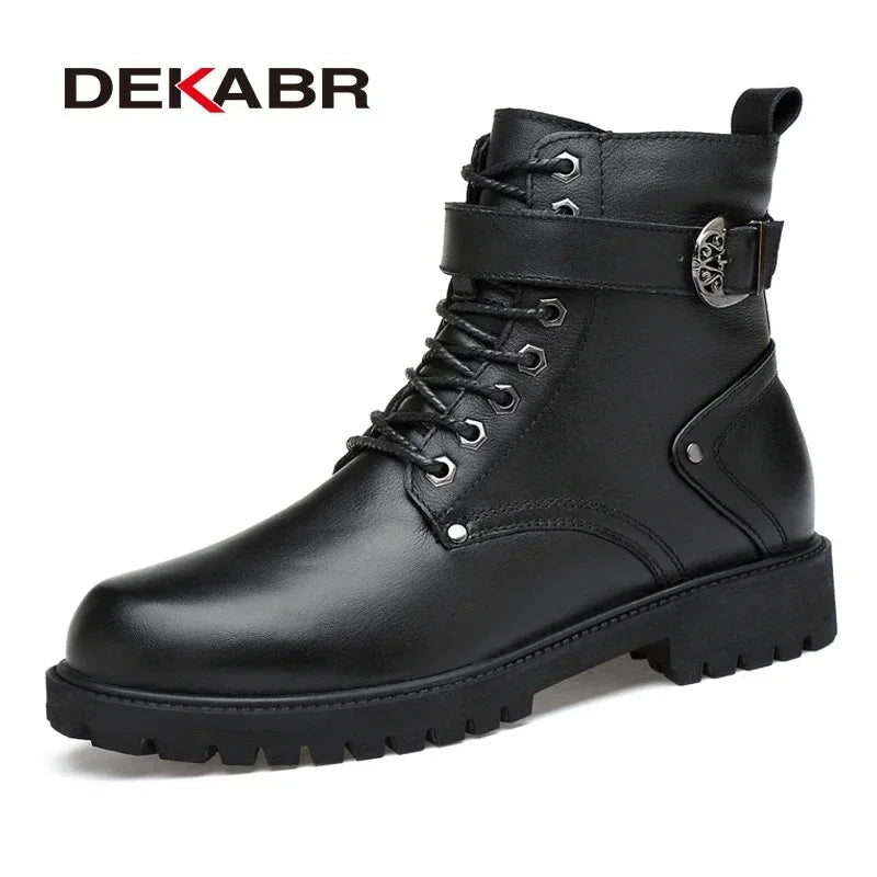 DEKABR Men Genuine Leather Lace-up Ankle Boots High Quality Winter Motorcycle Boots Men Safety Work Shoes Punk Style Men Boots