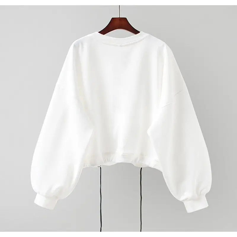 Embroidery Long Sleeve Drawstring Pullover Top Woman