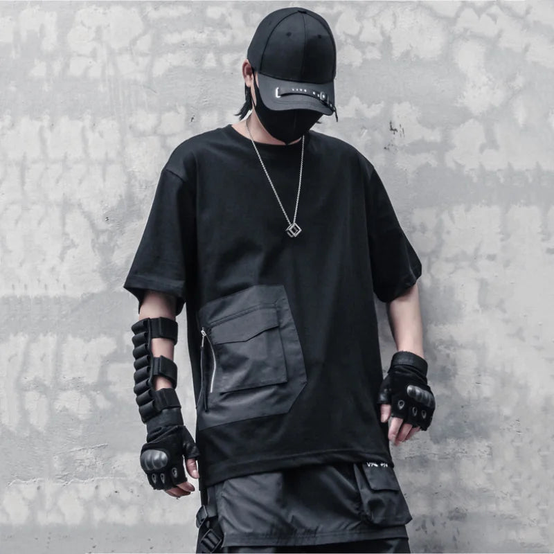 Dark Punk Style Tactical Cargo T-Shirt High Street Pocket Patchwork