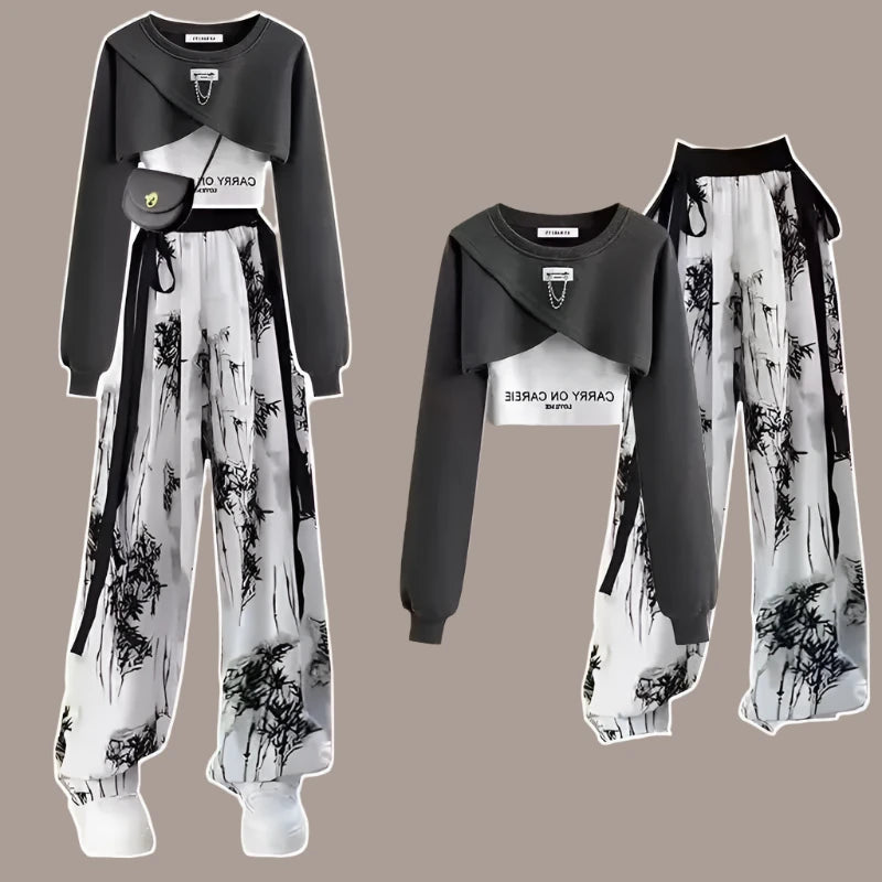 Elegant 3-Piece Korean Set: Long Sleeve, Tank, & Ink Pants