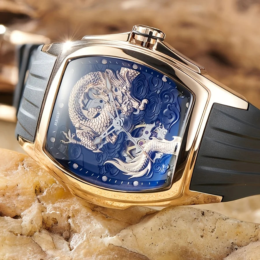 REEF TIGER RGA3061 Tonneau Skeleton Dragon Dial Mechanical Automatic Watch Self-Winding Lumious Waterproof