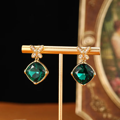 SUYU Retro Luxury Simple And Elegant Fashion Jewelry Jade Green Micro Set Zircon Butterfly Middle Ages Earrings