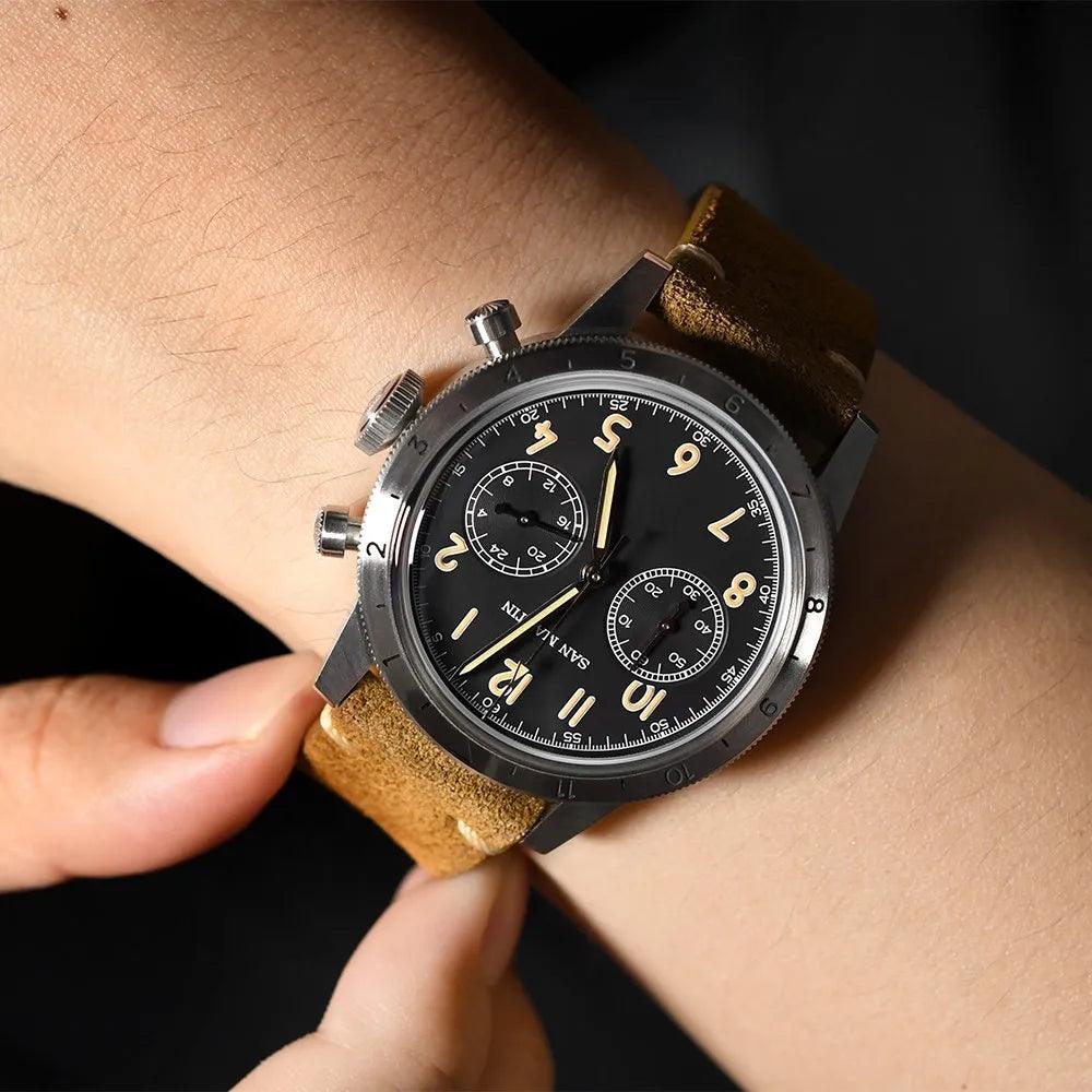 San Martin Vintage Black Pilot Chronograph (Quartz) - RUBASO