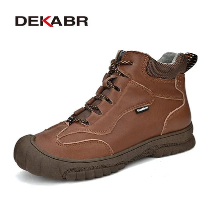 DEKABR New Fashion Genuine Leather Winter Warm Fur Men Boots Waterproof Lace Up Non-Slip Comfortable Hiking Boots Size 46