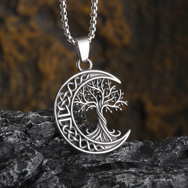 Nordic Yggdrasil Celtic Knot Moon Tree of Life Pendant Necklace for Men and Women Retro Lucky Amulet Jewelry Gift