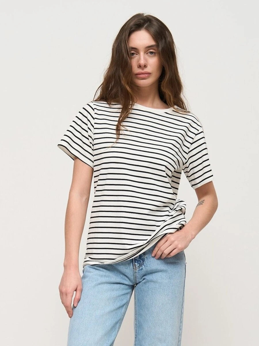 Cozy Knitted Striped T-Shirt by Wolfeel: Casual Cotton Short Sleeve