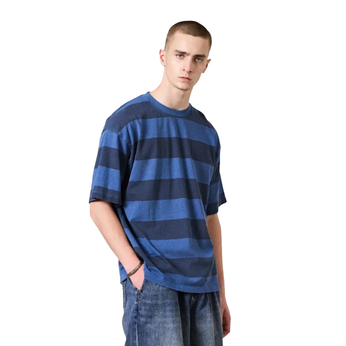 Oversize 310g 100% Cotton Vintage Washed Denim Striped T-Shirt