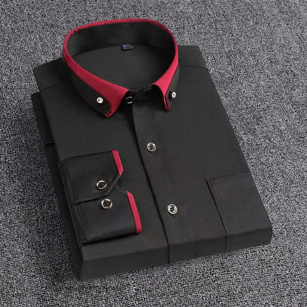 Men Shirt Contrast Color Lapel Men's Business Shirt Soft Breathable Office Top Plus Size Anti-wrinkle Mid Length Men Formal