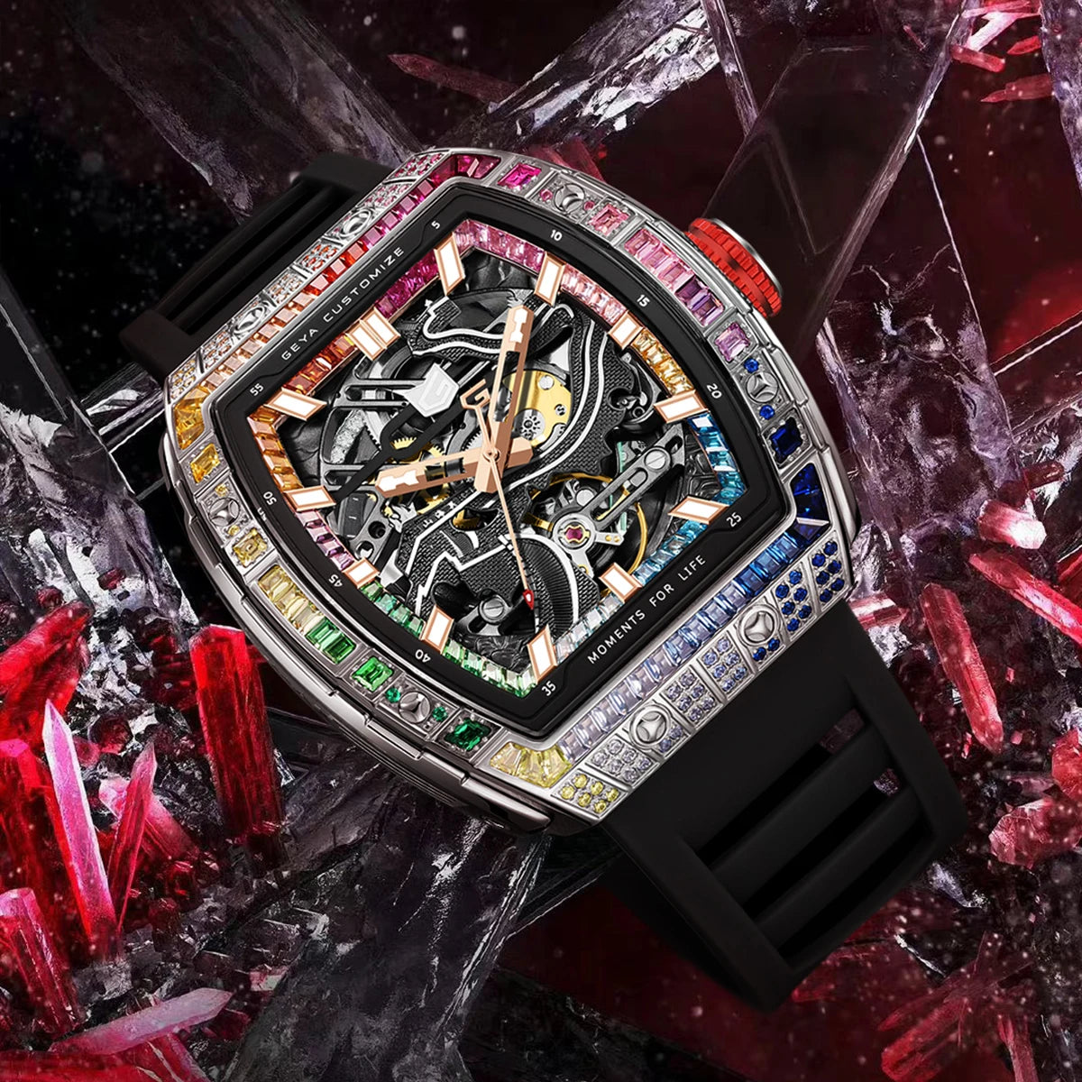 GEYA Tonneau Skeleton Dial with Multi-Color Diamonds 78138 (Mechanical)