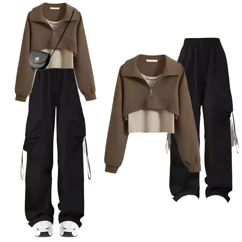 Three-Piece Set: Polo Neck Top, Casual Work Pants, and Age-Reducing Design for Spring/Autumn