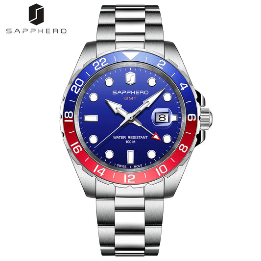 SAPPHERO GMT Watch for Men Luxury Swiss Movement 100M Waterproof Date Luminous Stainless Steel WristWatch Business Mens Watches