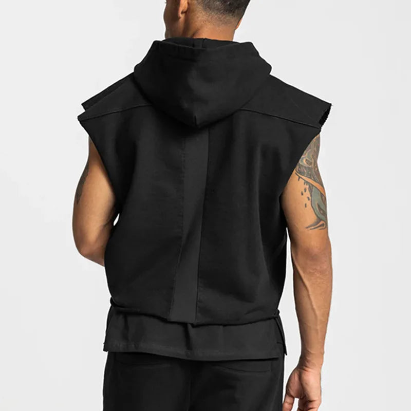 Multi-Pocket Bodybuilding Cotton Sleeveless Hooded Vest