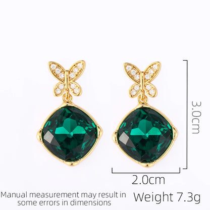 SUYU Retro Luxury Simple And Elegant Fashion Jewelry Jade Green Micro Set Zircon Butterfly Middle Ages Earrings