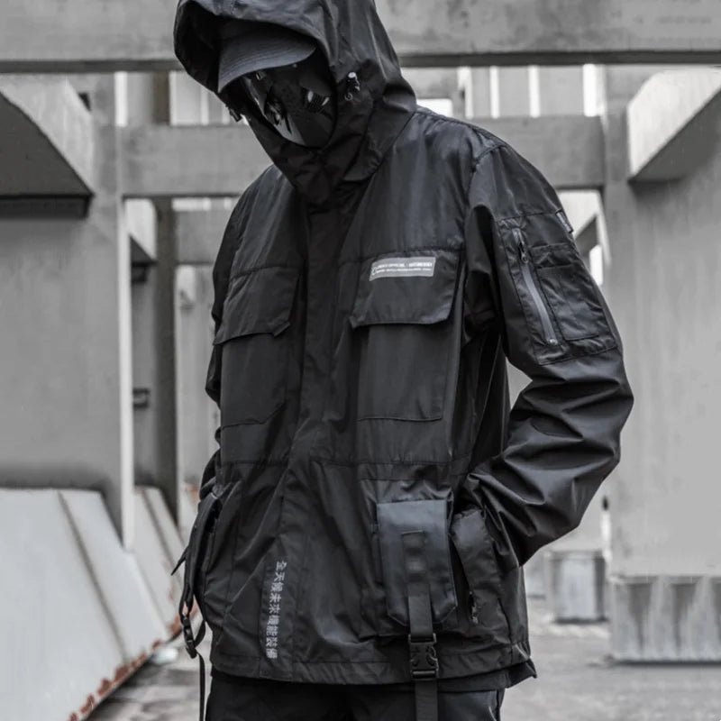 Punk Style Tactical Hooded Jacket – Multi-Pocket Reflective Patchwork Techwear