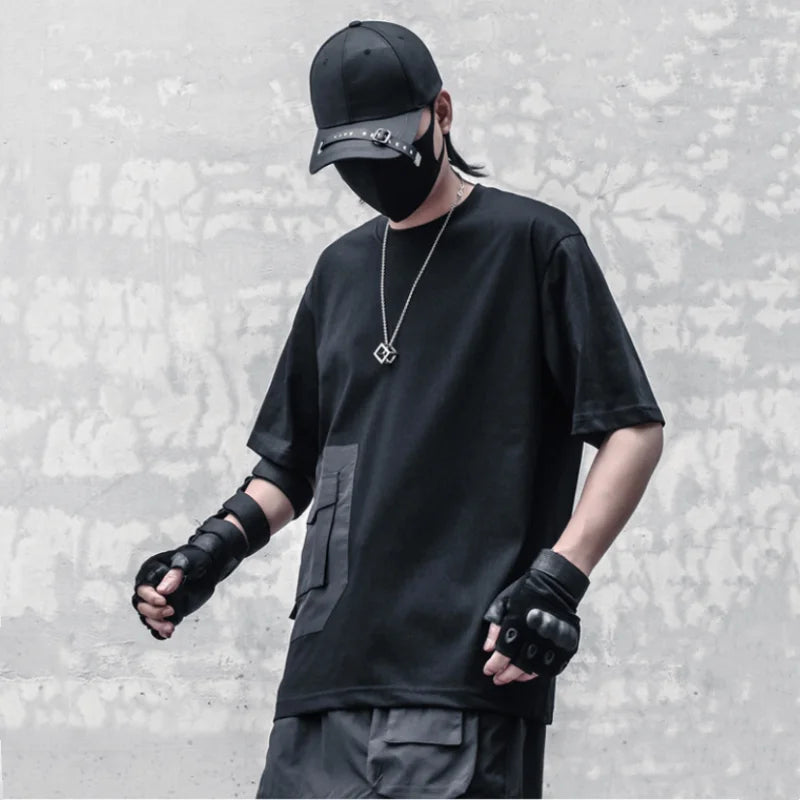 Dark Punk Style Tactical Cargo T-Shirt High Street Pocket Patchwork