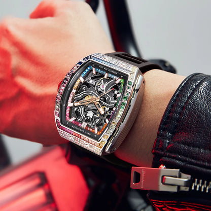 GEYA Tonneau Skeleton Dial with Multi-Color Diamonds 78138 (Mechanical)