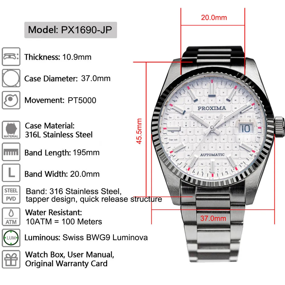 PROXIMA PX1690-JP 37mm Men Dress Watch Luxury Sapphire PT5000 Keyboard Dial (Automatic)