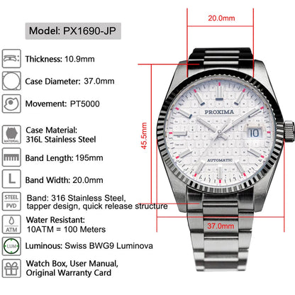 PROXIMA PX1690-JP 37mm Men Dress Watch Luxury Sapphire PT5000 Keyboard Dial (Automatic)