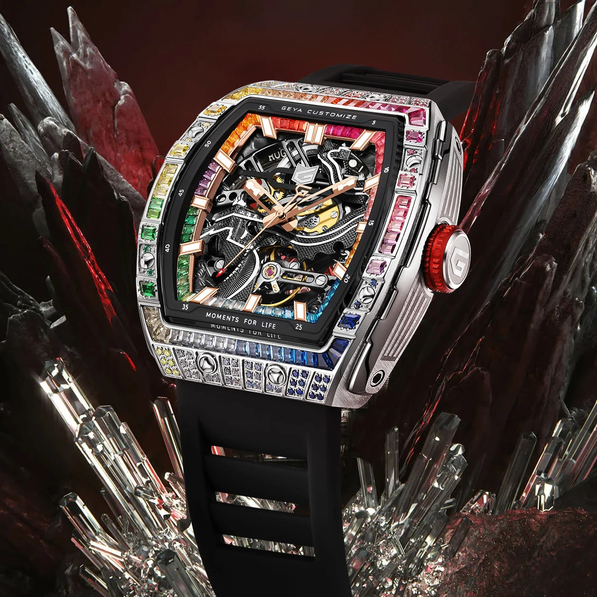 GEYA Tonneau Skeleton Dial with Multi-Color Diamonds 78138 (Mechanical)