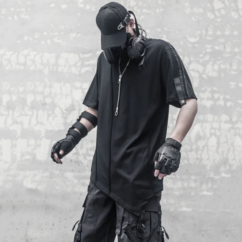 Dark Punk Style Tactical T-Shirt – High Street Irregular Hem Design