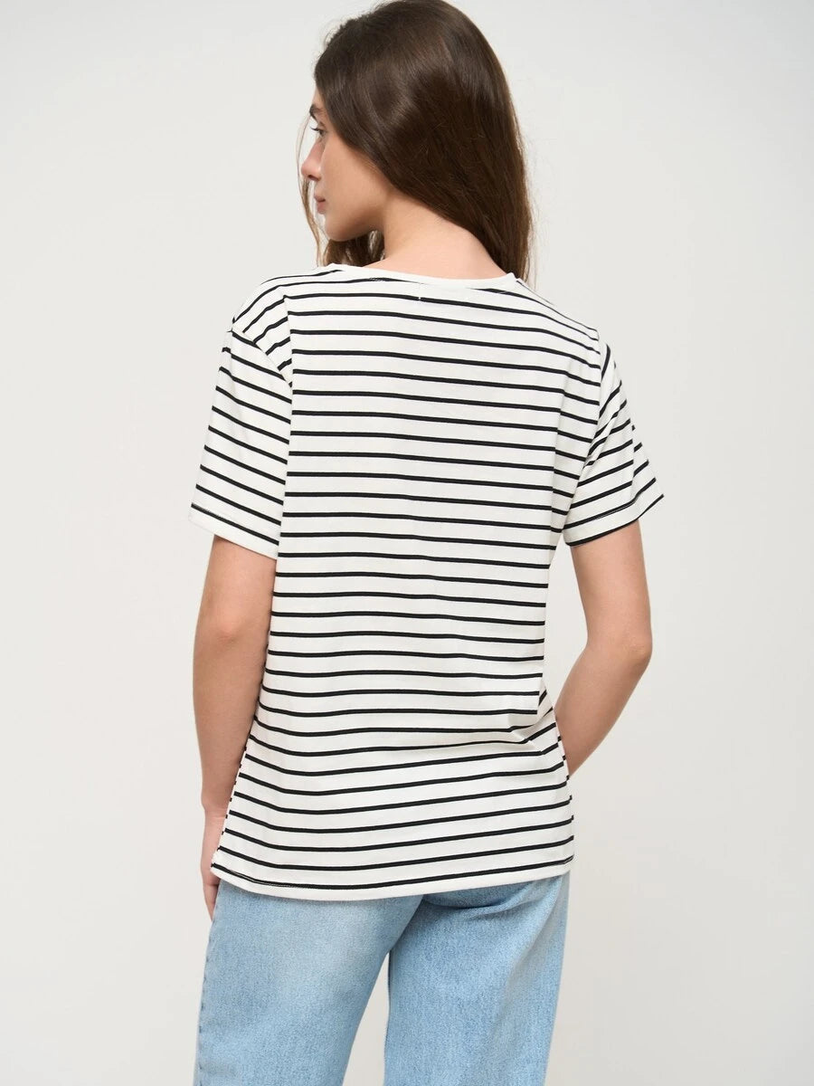 Cozy Knitted Striped T-Shirt by Wolfeel: Casual Cotton Short Sleeve