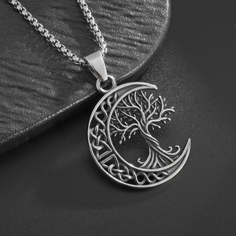 Nordic Yggdrasil Celtic Knot Moon Tree of Life Pendant Necklace for Men and Women Retro Lucky Amulet Jewelry Gift