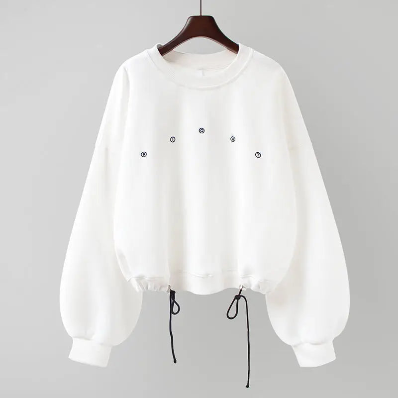 Embroidery Long Sleeve Drawstring Pullover Top Woman