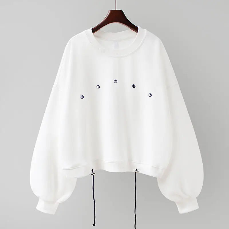 Embroidery Long Sleeve Drawstring Pullover Top Woman