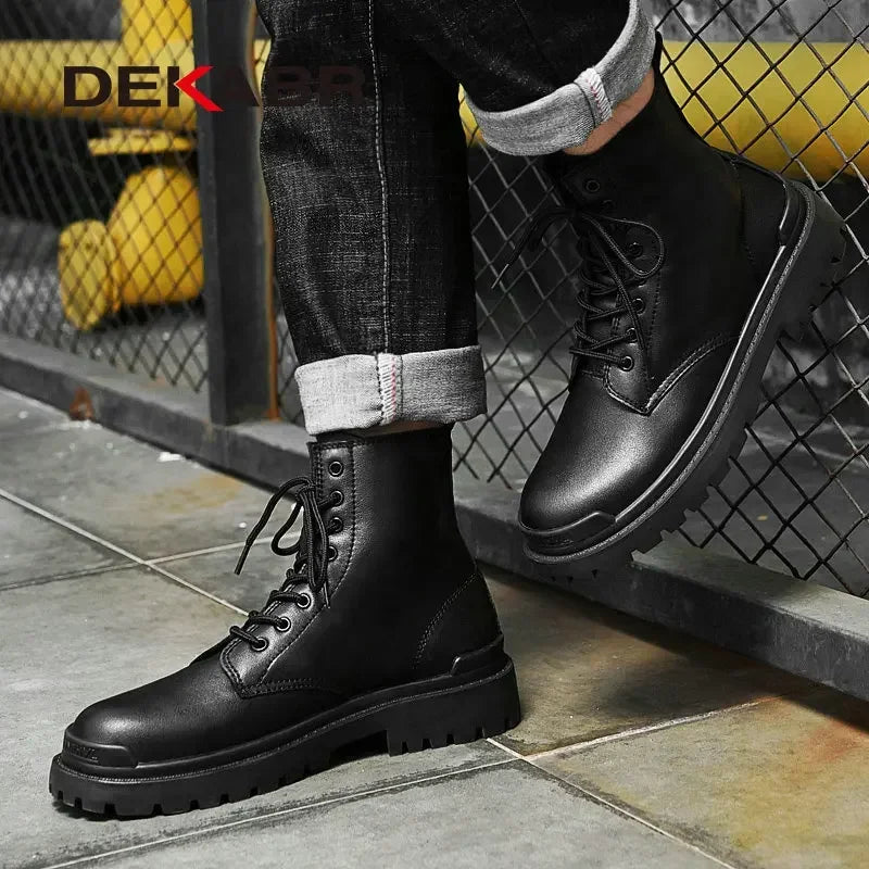 DEKABR Genuine Leather Men's Ankle Boots High Top Shoes For Men Winter Fashion Male Motorcycle Footwear Snow Boots Size 38~48