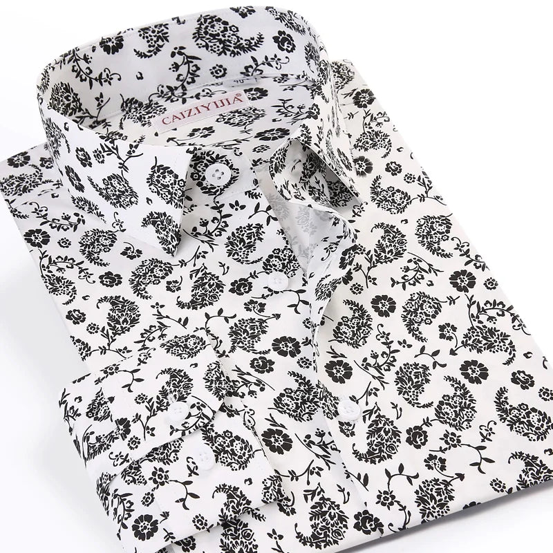 Beach Shirt Men's Long Sleeve Casual Beautiful Flower Print Shirt Turn-down Collar Without Pockets Standard-fit