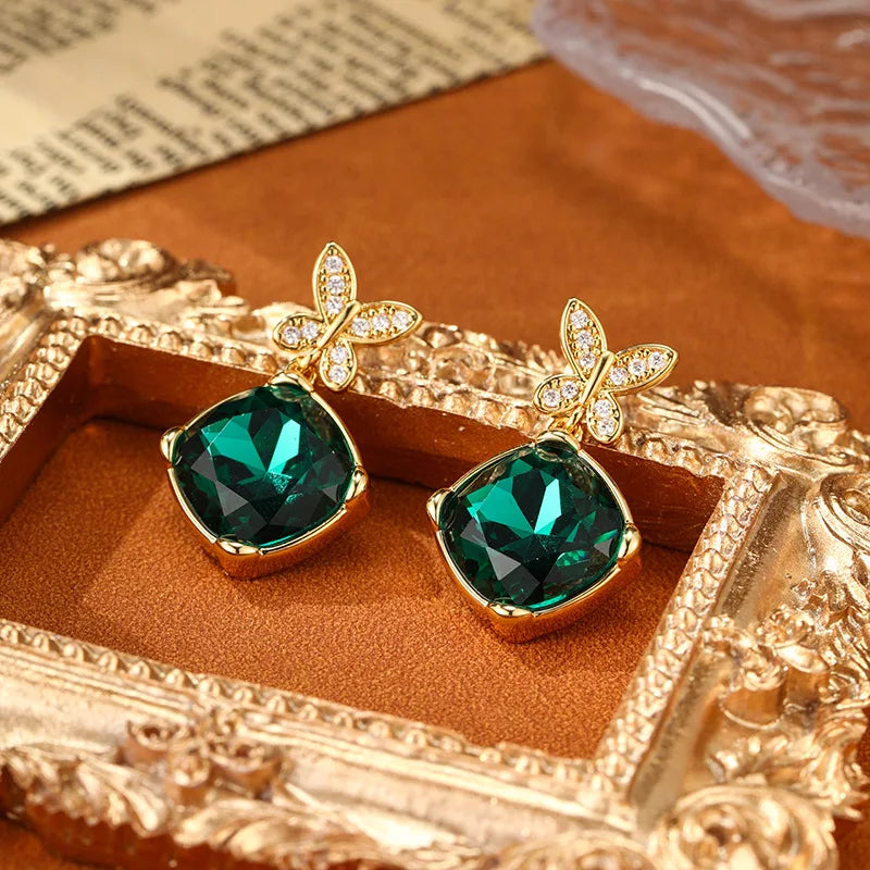 SUYU Retro Luxury Simple And Elegant Fashion Jewelry Jade Green Micro Set Zircon Butterfly Middle Ages Earrings