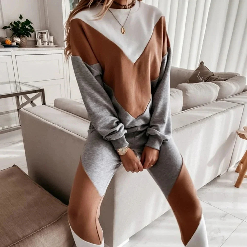 Tracksuits Splicing Femme Two Piece Sets Sweatshirt Top Loose Long Pants Jogging